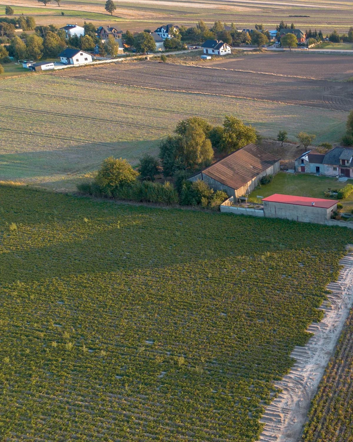 Aerial view of rural acreage and open fields